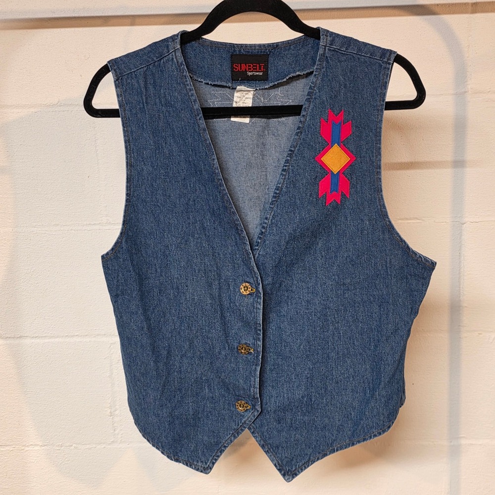 Vintage‎ Sunbelt Sportswear Denim Vest Womens Medium Blue Southwestern Applique